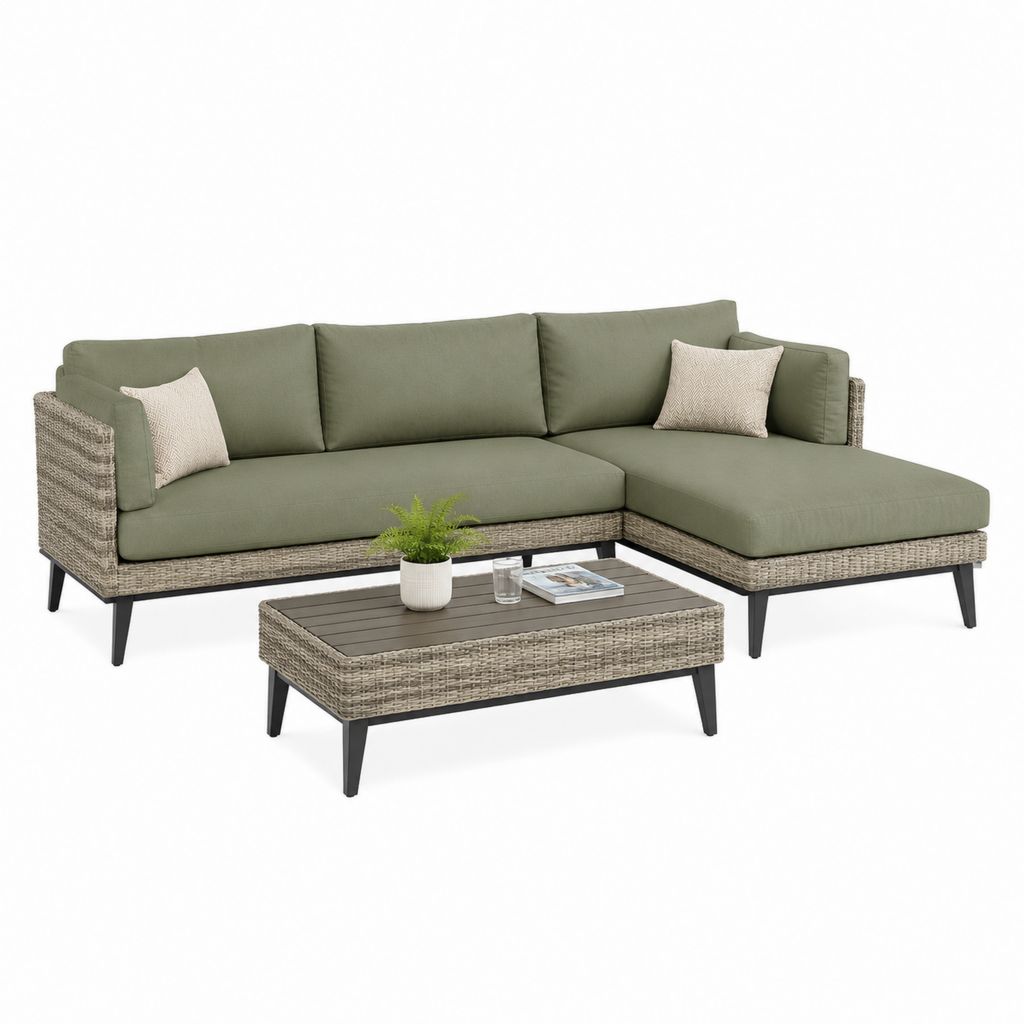 Set divano da giardino angolare con tavolino verde oliva in rattan PE e acciaio 230 x 150 x 78 cm