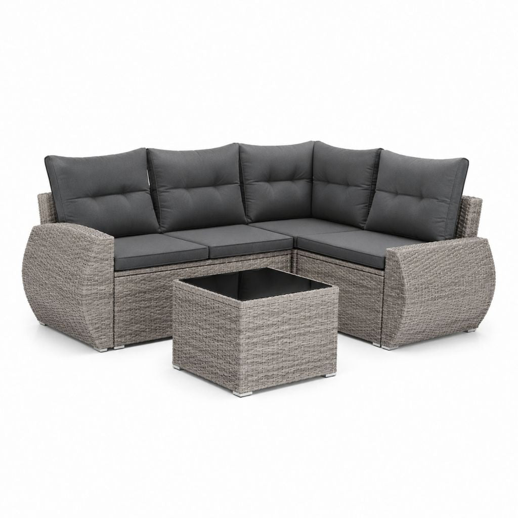 Set divano da giardino angolare grigio in polirattan con cuscini antracite e tavolino 220 x 220 x 75 cm
