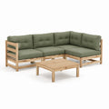 Set divano da giardino angolare 4 posti in legno massello di pino con cuscini verde oliva e tavolino 220 x 220 x 70 cm