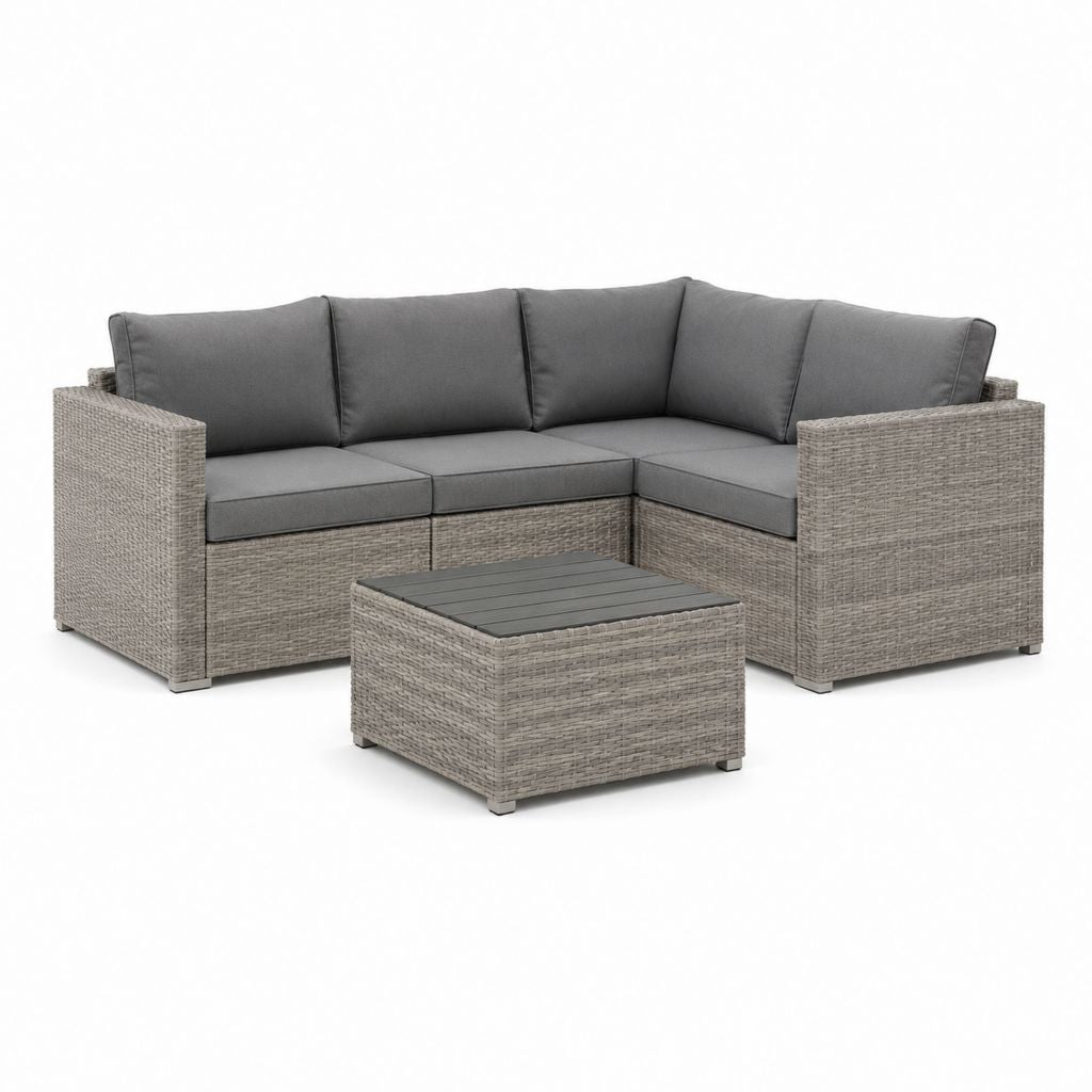 Set divano da giardino angolare 3 pezzi grigio in rattan PE con tavolino 200 x 140 x 75 cm