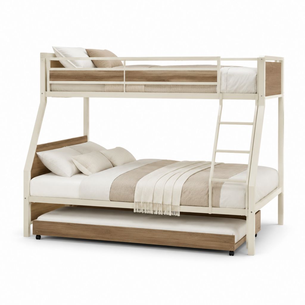 Letto a castello con letto estraibile bianco e rovere in legno massello 205 x 145 x 170 cm