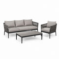 Set salotto da giardino 3 pezzi grigio in alluminio e corda con divano 3 posti poltrona e tavolino 200 x 80 x 76 cm