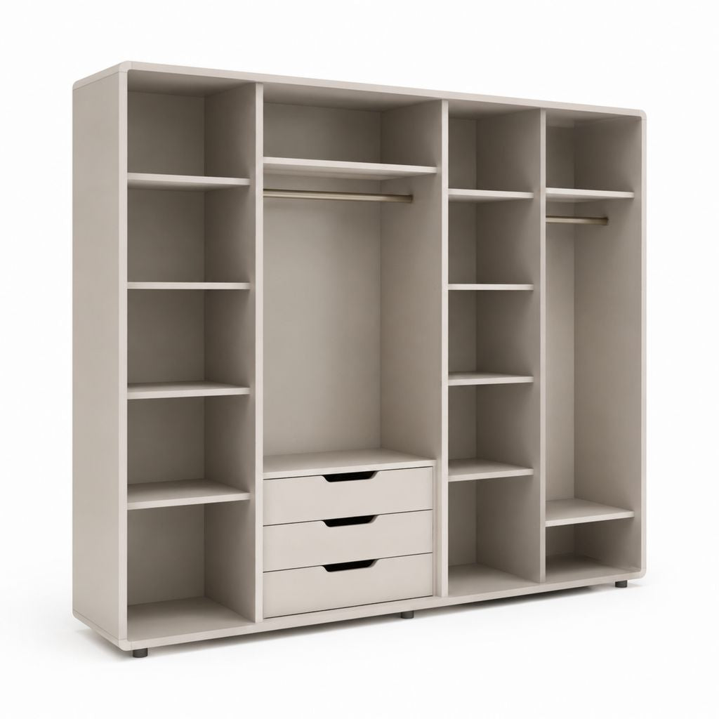 Armadio guardaroba aperto beige in pannello truciolare melaminico 240 x 50 x 200 cm con 3 cassetti e 2 appendiabiti