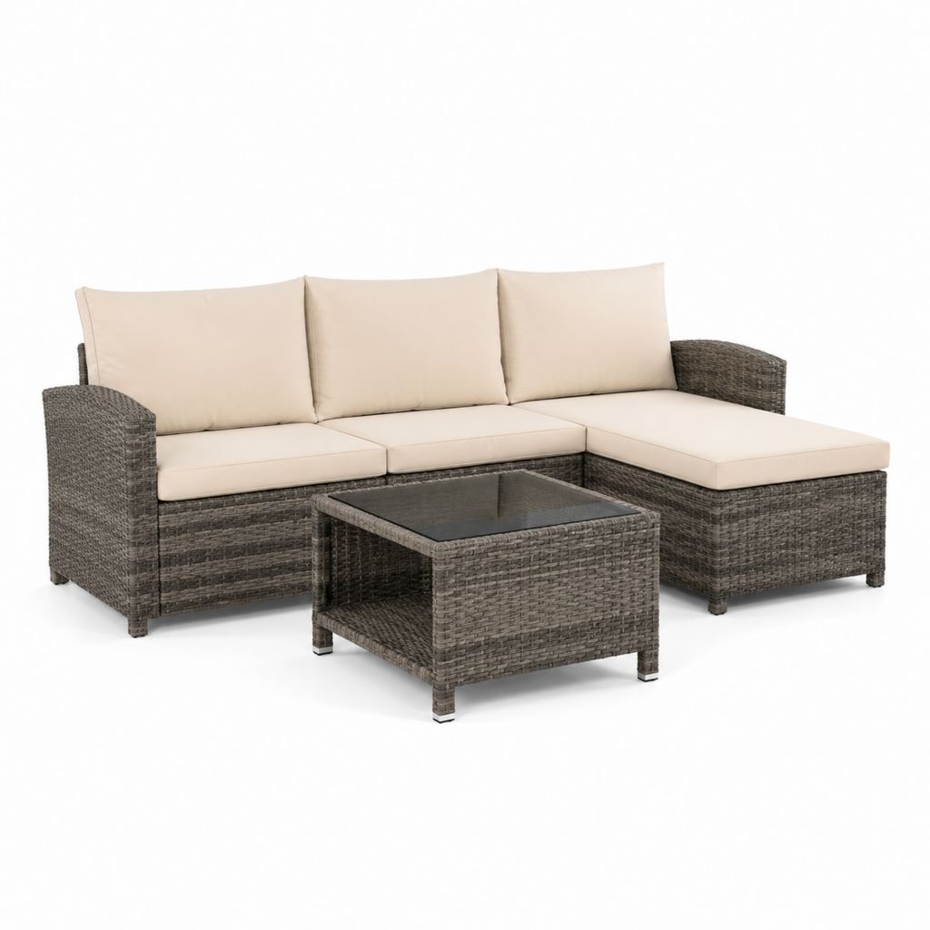 Set divano da giardino angolare 3 posti grigio in rattan PE con cuscini beige e tavolino 193 x 136 x 65 cm