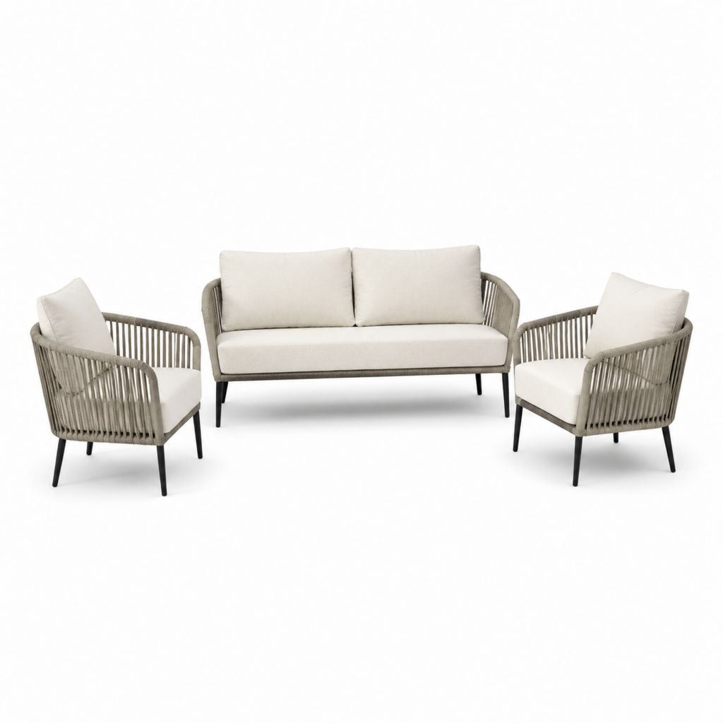 Set salotto da giardino 3 pezzi beige in corda sintetica e acciaio con divano 140 x 75 x 78 cm