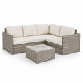 Set divano angolare da giardino 3 posti grigio in polyrattan con cuscini avorio e tavolino 200 x 200 cm