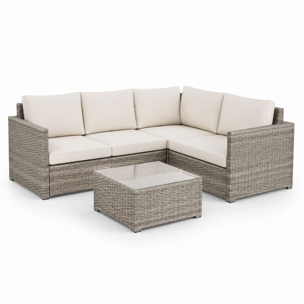 Set divano angolare da giardino 3 posti grigio in polyrattan con cuscini avorio e tavolino 200 x 200 cm