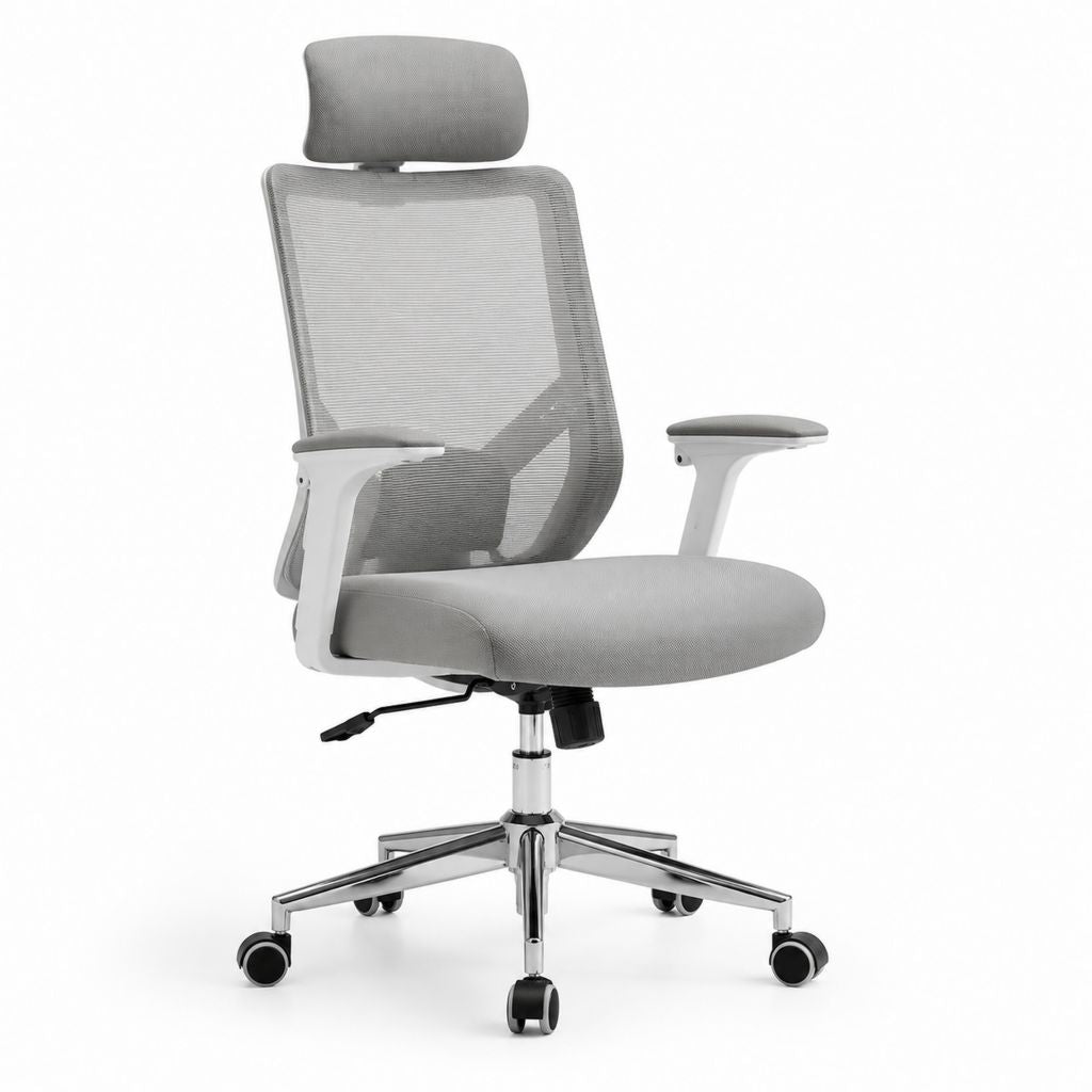 Sedia da ufficio ergonomica grigia con poggiatesta schienale in rete e base girevole 64 x 64 x 116-126 cm