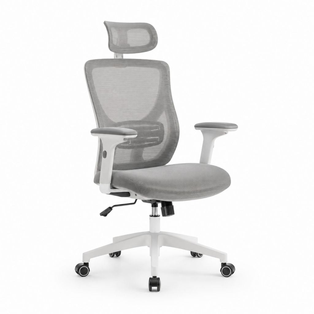 Sedia da ufficio ergonomica grigia in rete di poliestere con poggiatesta e ruote 64 x 64 x 116-126 cm
