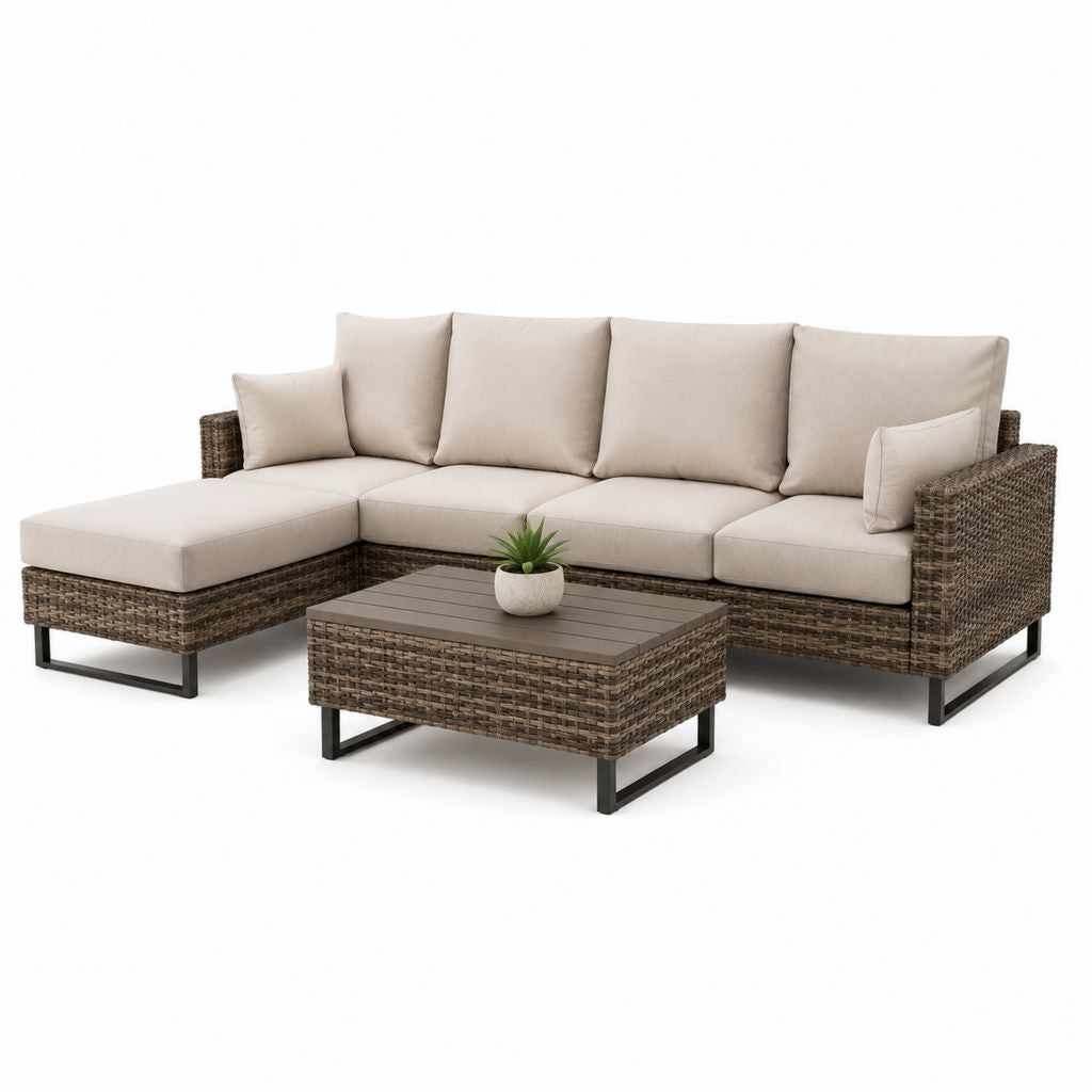 Set divano da giardino angolare 4 posti con tavolino beige in rattan PE e acciaio 250 x 180 x 68 cm tavolino 100 x 60 x 42 cm