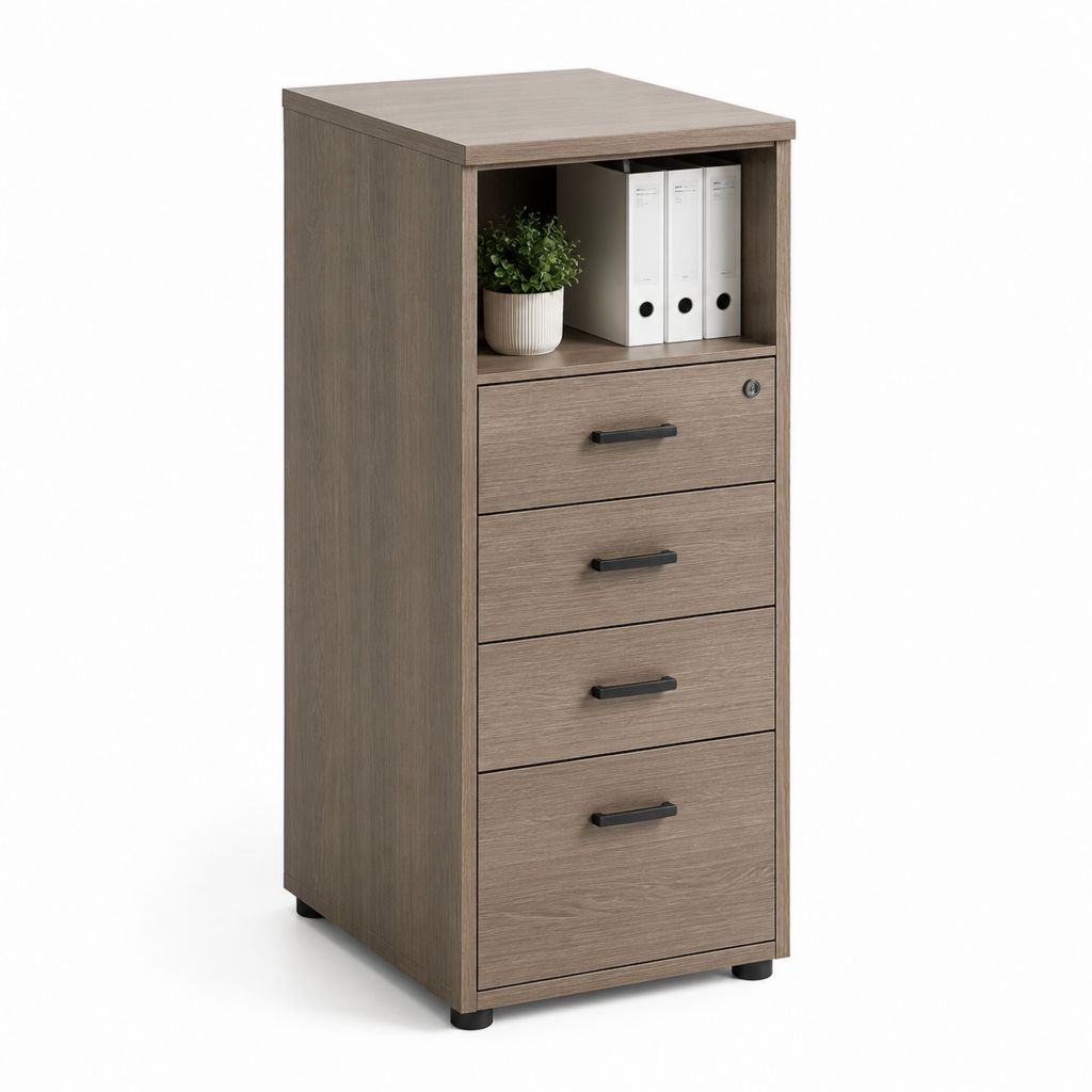 Cassettiera da ufficio con 4 cassetti e vano a giorno rovere grigio in pannello truciolare 60 x 40 x 120 cm