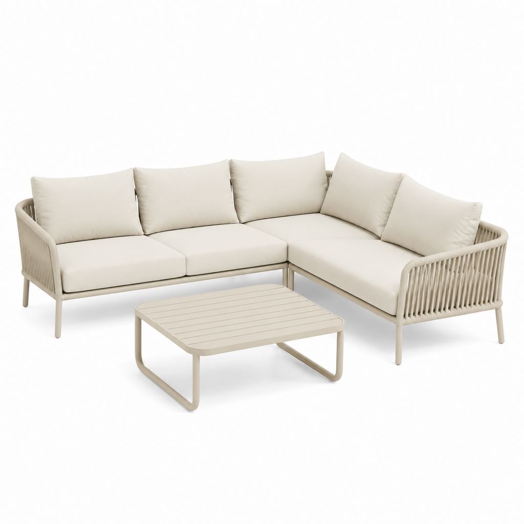 Salotto da giardino angolare 4 posti con tavolino beige in alluminio e corda sintetica 220 x 160 cm