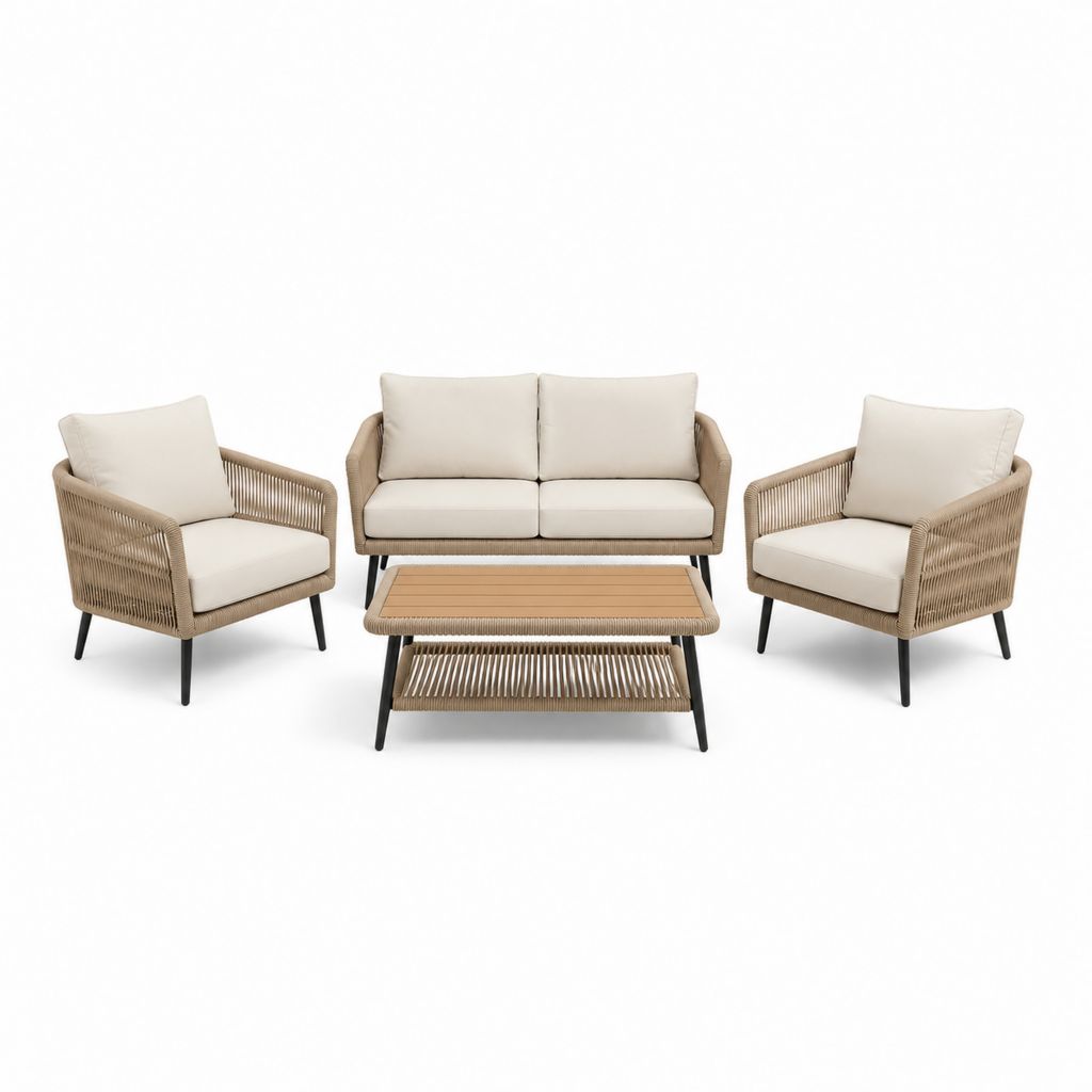 Set da giardino 4 pezzi beige in acciaio e corda PE con divano 2 posti 130 x 70 x 78 cm poltrone e tavolino 100 x 60 x 45 cm