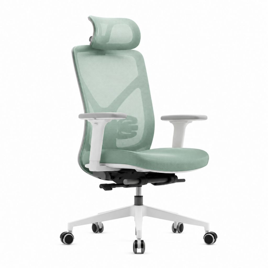 Sedia da ufficio ergonomica verde salvia con rete in poliestere poggiatesta regolabile e ruote 60 x 64 x 118-128 cm