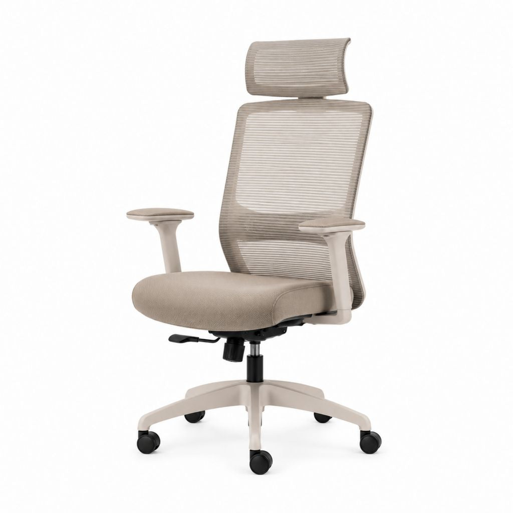 Sedia da ufficio ergonomica beige in rete di poliestere con poggiatesta 65 x 65 x 116-126 cm