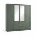 Armadio guardaroba rettangolare 4 ante a battente con specchi e 3 cassetti verde scuro in MDF 180 x 52 x 200 cm