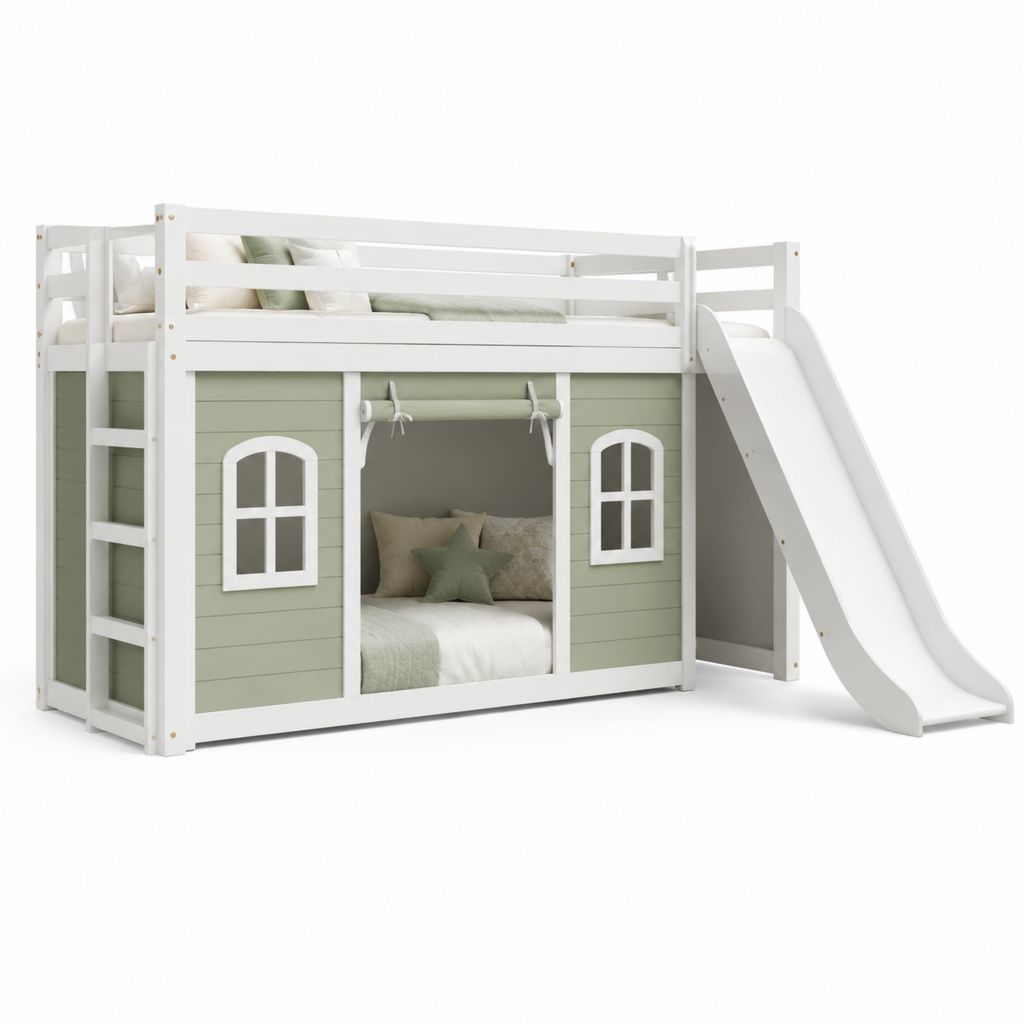 Letto a castello per bambini bianco e verde in legno massello di pino 90 x 200 cm con scivolo e scala