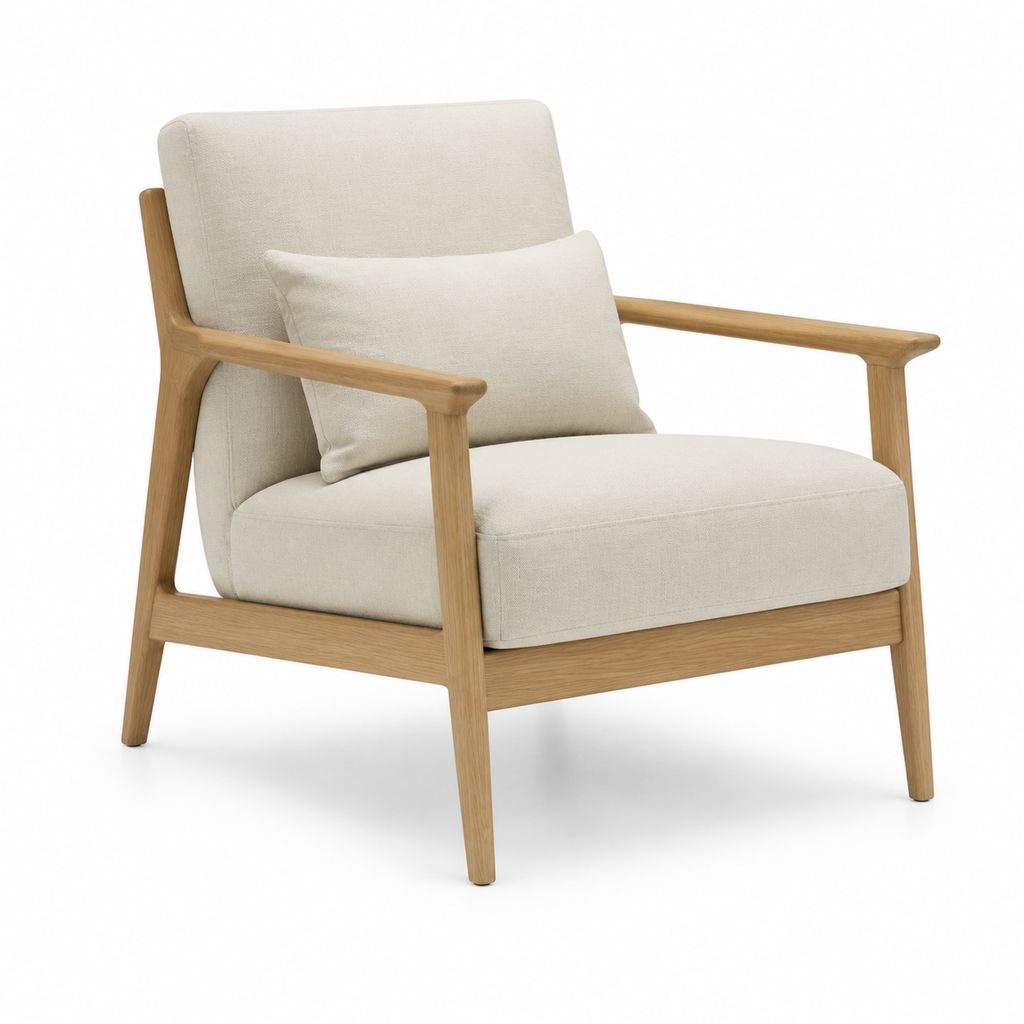 Poltrona da soggiorno beige in poliestere con struttura in rovere massello 70 x 78 x 82 cm