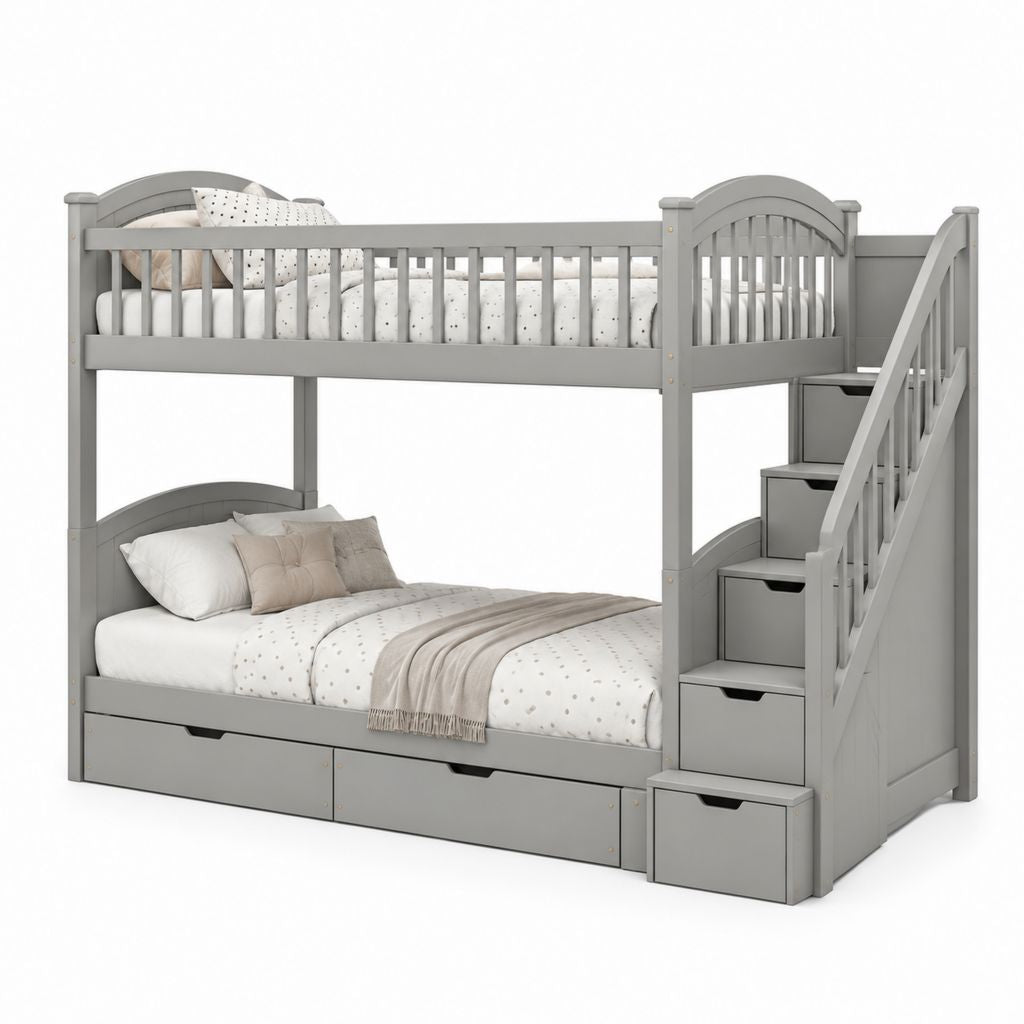 Letto a castello rettangolare grigio in pino massello e MDF 250 x 150 x 170 cm con scala contenitore e reti 90 x 200 cm e 140 x 200 cm