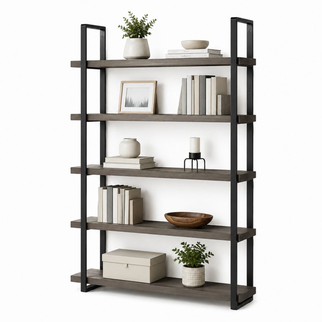 Libreria a 5 ripiani marrone scuro e nero in pannello truciolare e acciaio 120 x 35 x 180 cm