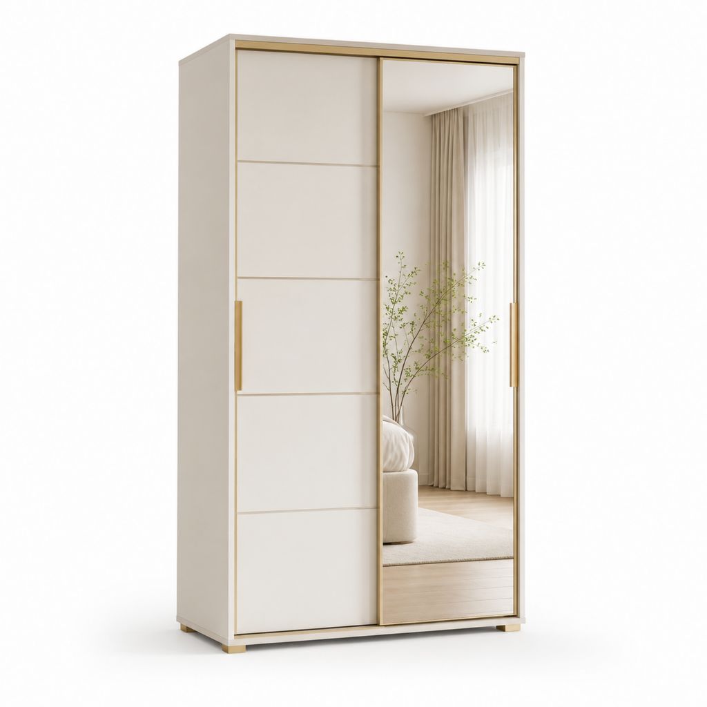 Armadio guardaroba rettangolare a 2 ante scorrevoli con specchio bianco e beige in pannello truciolare nobilitato 120 x 60 x 200 cm